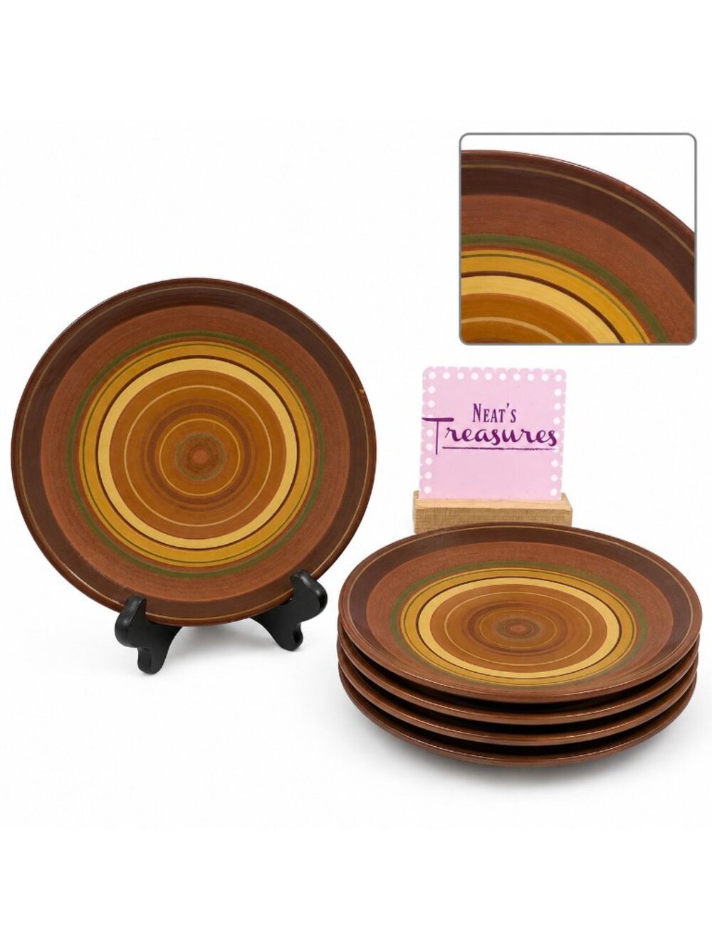 Raymond Waites Certified Intl RONDO Brown Rust Yellow Rings Salad Plates Set 5